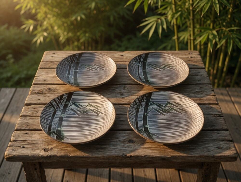 UCAGCO Occupied Japan Handcrafted Stoneware 10" Dinner Plates - Bamboo set of 4